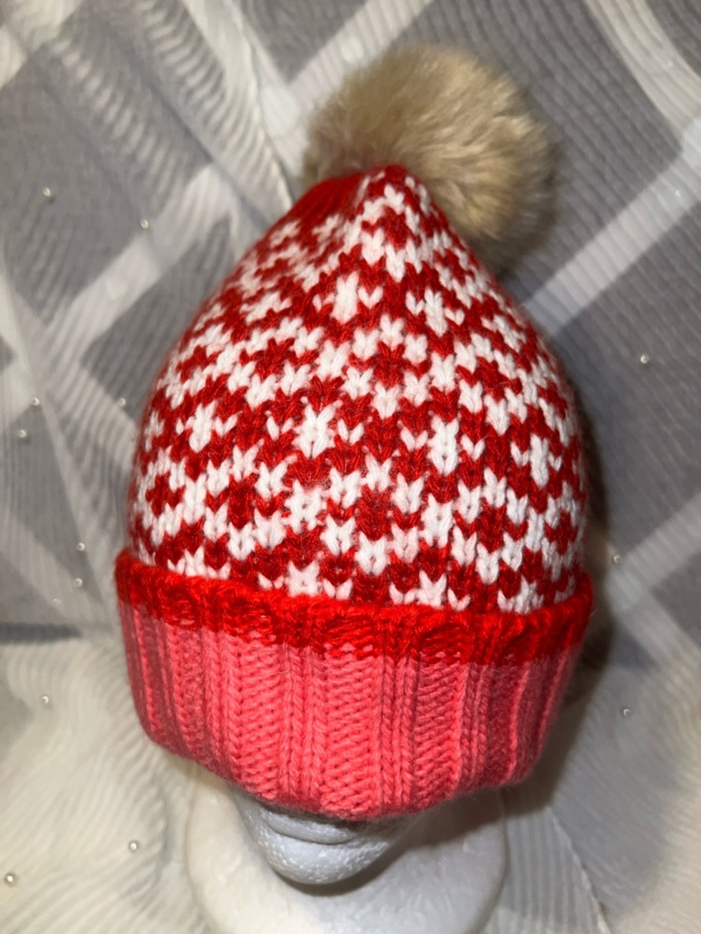 Red & White Kids Pom Pom Beanie Hat - Cozy Knit Winter Hat